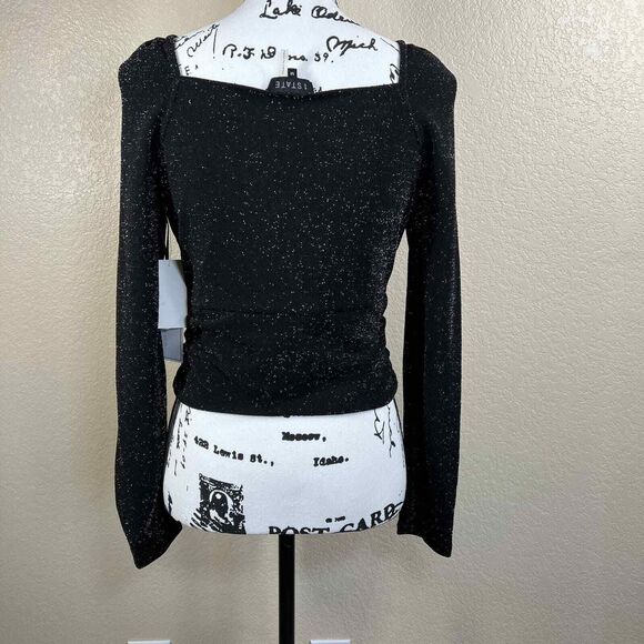 1 state black glitter print  top Cropped Textured Wrap Top long sleeve size M - Picture 9 of 16